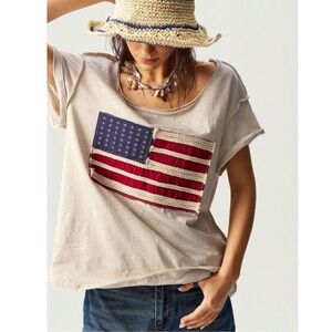 100% Cotton American Flag Beige Oversized Scoop Neck Bohemian Tee Shirt